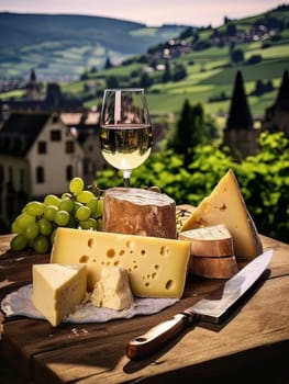 Board with cheeses and white wine in glass. Still life of table for tasting cheese and wine, cozy romantic atmosphere, outdoor village panorama on a warm sunny day AI