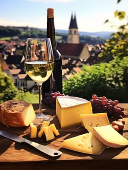 Board with cheeses and white wine in glass. Still life of table for tasting cheese and wine, cozy romantic atmosphere, outdoor village panorama on a warm sunny day AI