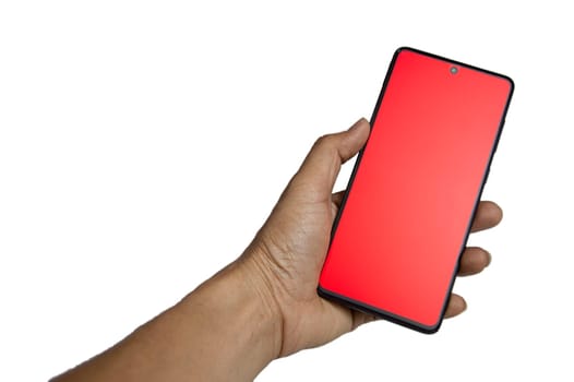 Hand holding a black smartphone, red screen on white background,with clipping path
