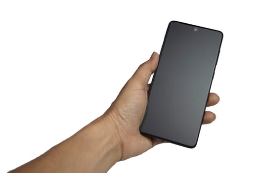 hand holding a black smartphone on white background,with clipping path