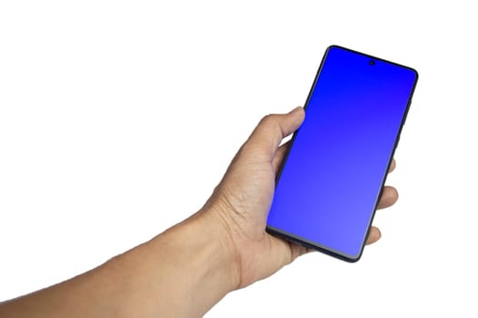 Mobile phone at blue screen black smartphone on white background,with clipping path