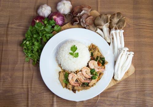 Fried rice with shrimp and mushroom, Thai food, Thai street food