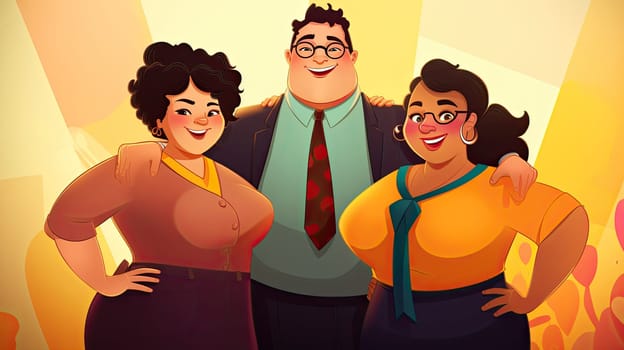 Size-inclusive diverse cartoon illustration - Generative AI. Man, women, plus, size, colleagues.