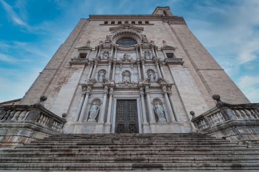 The main facade of the gothic style medieval Cathedral of Saint Mary in Girona Old Town, Catalonia, Spain