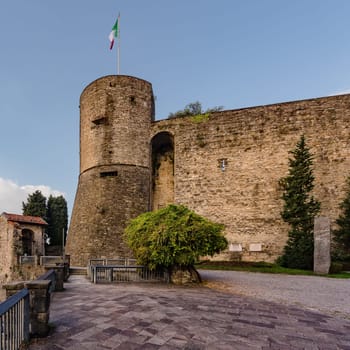 The castle La Rocca of Bergamo is located in the upper part of the city on the hill of St. Euphemia, which dominates the south, the lower town and the surrounding plains and north view crown Orobie.