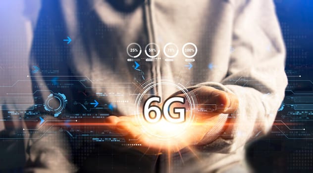 The concept of 6G network, high-speed mobile Internet, new generation networks. Business, modern technology, internet and networking concept.