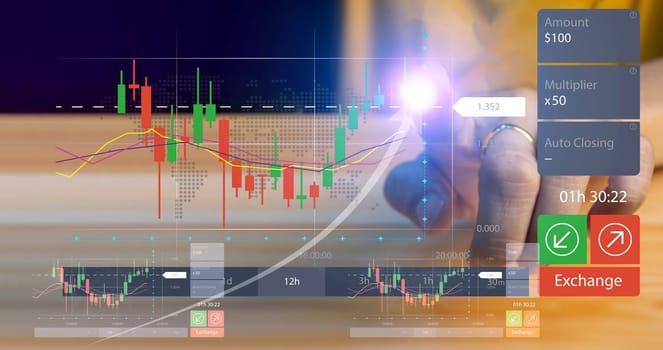 Planning, analyzing indicators and buying and selling strategies, stock market, business growth, progress or success.