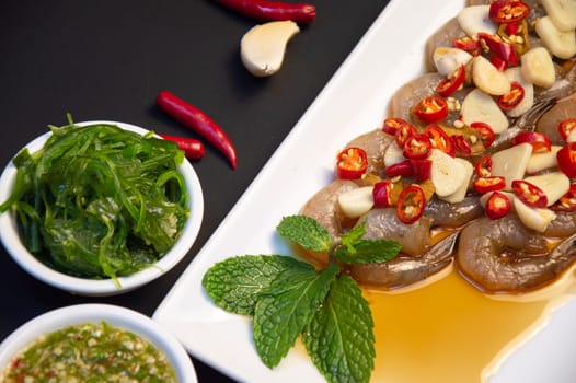 Pickled Shrimp with Korean Sauce, Seafood Dipping Sauce, Asian Fusion Cuisine
