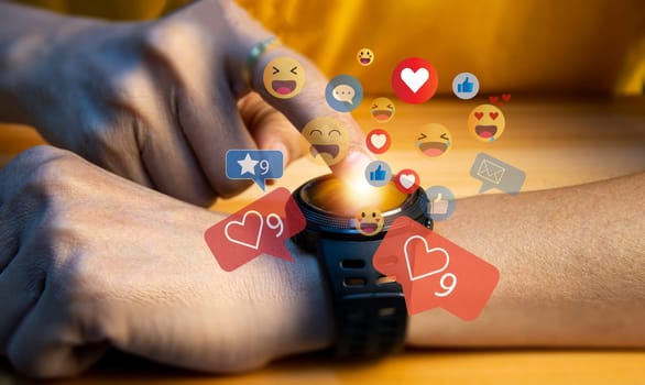 Use of social media and digital smartwatches The concept of living on vacation and playing social media. online marketing Connecting technology networks in global business