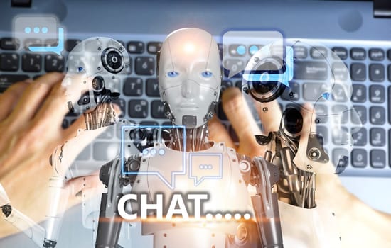 Digital chatbot, robot application, conversational assistant, AI artificial intelligence concept.