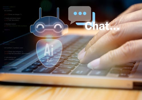 Chatbot, conversational assistant, artificial intelligence AI, artificial intelligence technology concept. Casual person. Relaxing conversation with chatbot.