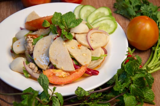 Spicy pork salad, Thai food, Thai street food