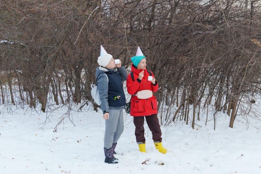 Two friends enjoy sweet snacks and warm beverages while wearing colorful party hats in a serene snowy forest.