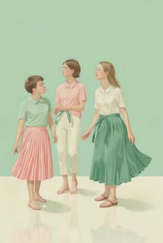 A serene illustration featuring three women dressed in soft pink, green, and white outfits. They stand on a reflective floor, creating a minimalist and peaceful scene. Their expressions suggest a moment of shared understanding or contemplation.