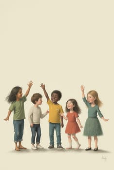 Five young children of different ethnicities stand side-by-side, smiling and waving their hands in the air, creating a heartwarming scene of friendship and togetherness.
