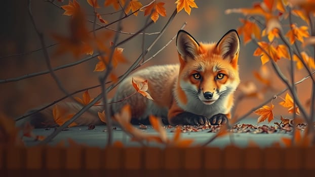 The autumn banner with red fox vulpes and branches with golden maple leaves in a fantasy forest - AI generated