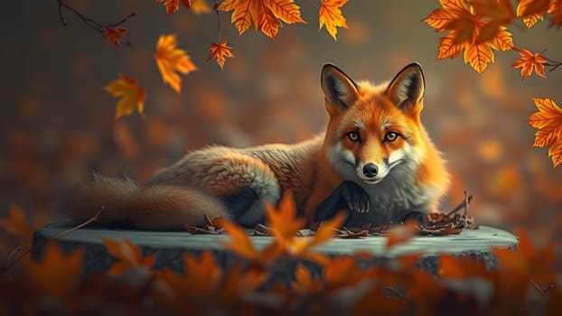 The autumn banner with red fox vulpes and branches with golden maple leaves in a fantasy forest - AI generated