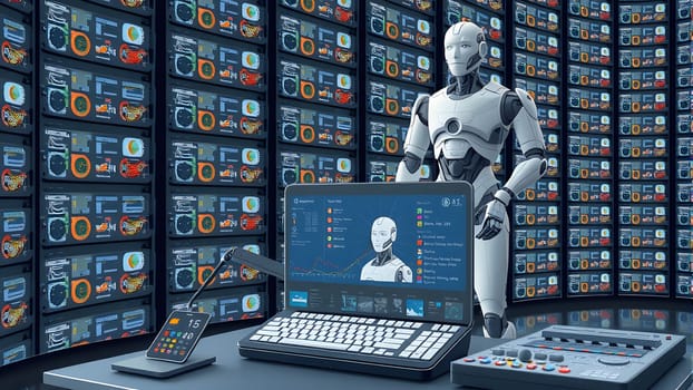The AI robot works with data via digital interface - AI generated