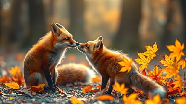 The autumn banner with red fox vulpes and branches with golden maple leaves in a fantasy forest - AI generated