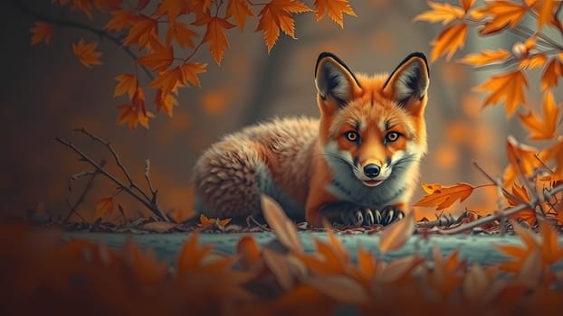 The autumn banner with red fox vulpes and branches with golden maple leaves in a fantasy forest - AI generated