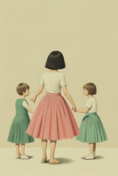 The image portrays a woman with two children, likely sisters, dressed in coordinated outfits. The scene is serene and simple, emphasizing familial connection.