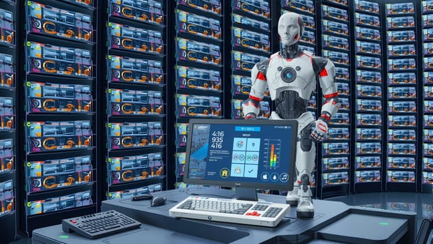 The AI robot works with data via digital interface - AI generated