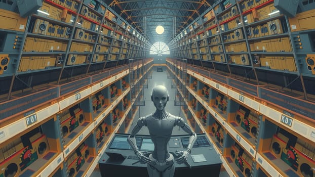 The AI robot works with data via digital interface - AI generated