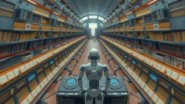 The AI robot works with data via digital interface - AI generated