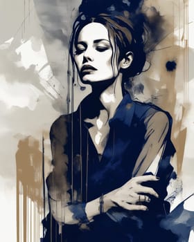 A stylized portrait of a woman with dark hair, wearing a dark blue collared shirt. The artistic style uses loose brushstrokes and a muted color palette, creating a mood of pensive elegance.