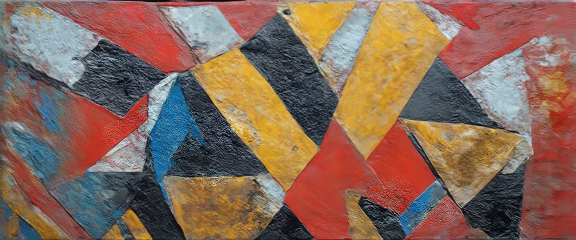 A captivating abstract painting composed of various geometric shapes in shades of red, yellow, black, and blue. The textured surface adds depth and visual interest.