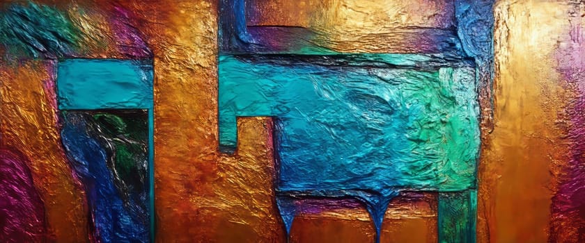 A richly textured abstract painting with bold colors and a layered effect. The artist uses metallic paints to create a sense of depth and movement, emphasizing the interplay of light and shadow.