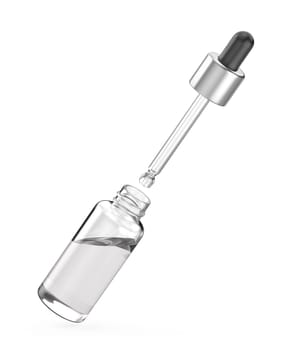 Opened glass dropper bottle with pipette on white background
