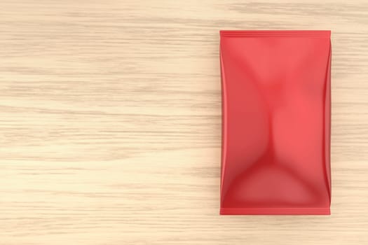 Blank red foil bag packaging for food on a wooden table, top view