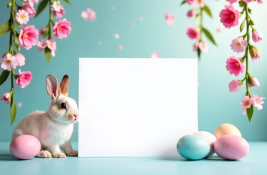 A white square for text in the center of the picture, a light rabbit is sitting next to it and Easter eggs of different colors are lying, pink flowers hanging on top on a blue background. The concept of the Easter holiday, greetings, postcards. High quality photo