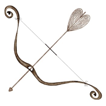 Bow and arrow watercolor. Hand drawn wooden weapon on white background. Perfect for valentine's day cards and stickers. High quality illustration