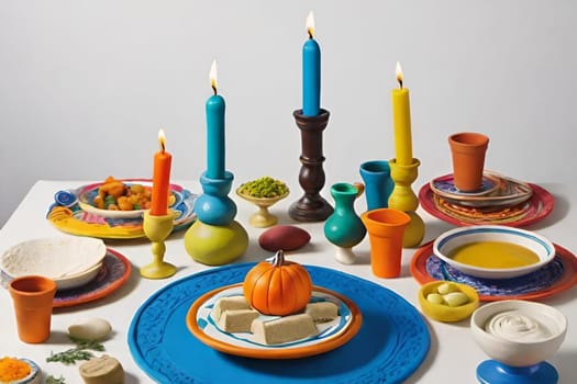 food on the table in plates, candles, Jewish holiday seder Pesach Roshashanah plate plates . High quality 3 d illustration