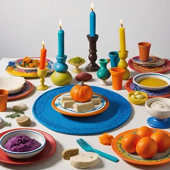 food on the table in plates, candles, Jewish holiday seder Pesach Roshashanah plate plates . High quality 3 d illustration