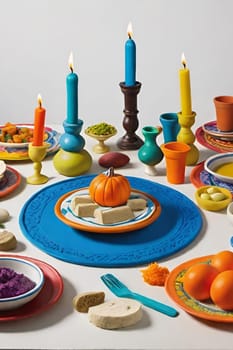 food on the table in plates, candles, Jewish holiday seder Pesach Roshashanah plate plates . High quality 3 d illustration