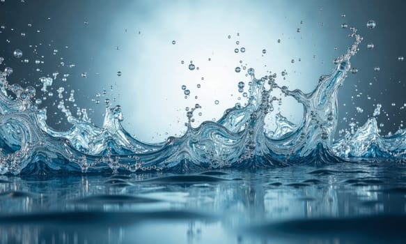 A splash of water in the air with many small droplets. The water is blue and the sky is gray