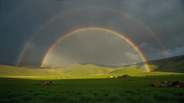 A rainbow is seen in the sky above a field of grass. The sky is cloudy and the sun is shining through the clouds. The rainbow is large and spans across the sky