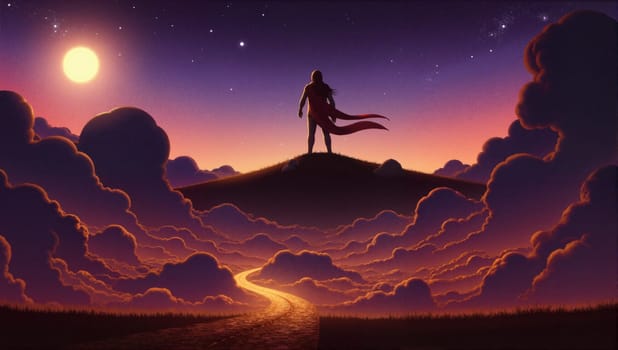 A man stands on a hill in front of a cloudy sky. The sky is filled with clouds and the sun is setting. The man is wearing a red robe