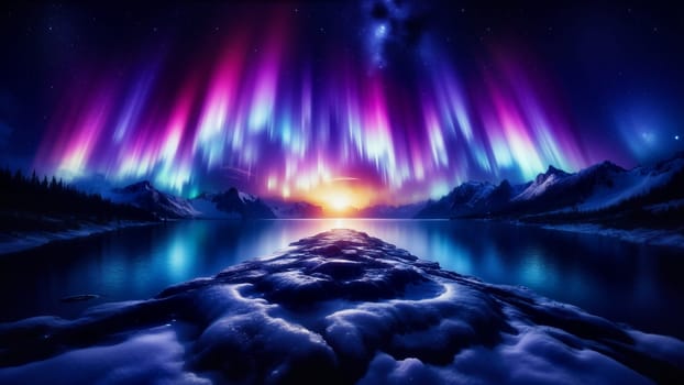 A beautiful and serene landscape with a bright orange sun in the sky. The sky is filled with colorful auroras and the water is calm and still. Concept of peace and tranquility