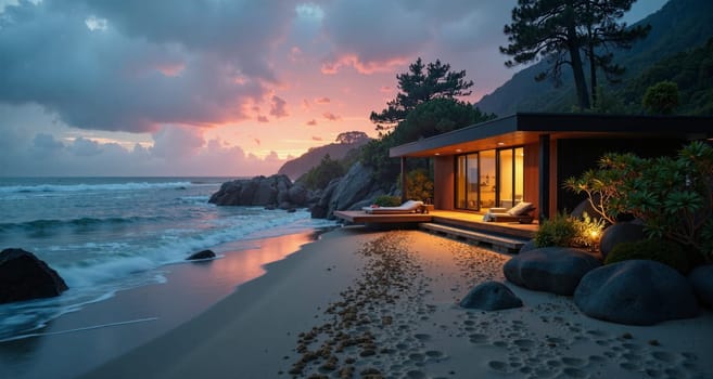 A beach house with a view of the ocean. The house is surrounded by rocks and there is a wooden dock. The sky is orange and the water is calm