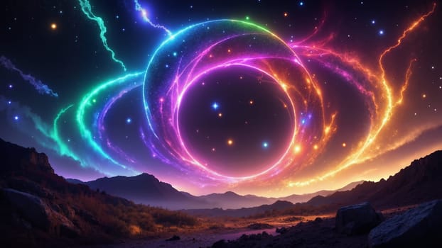 A colorful, swirling galaxy with a bright, glowing center. The sky is filled with stars and the colors are vibrant and intense. Scene is one of wonder and awe