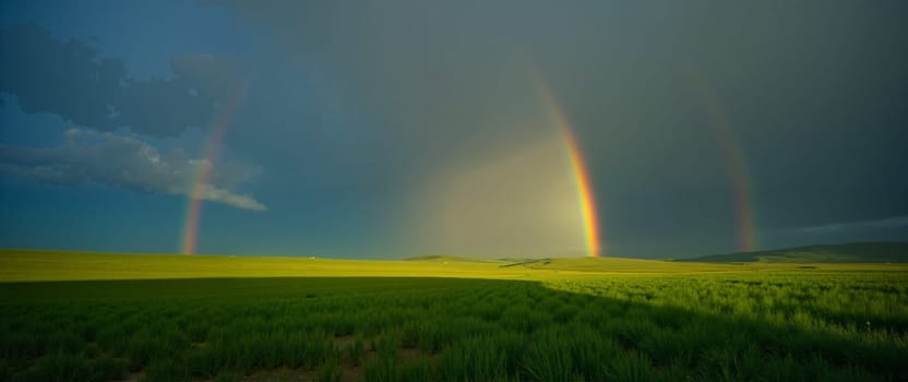 A rainbow is seen in the sky above a field of grass. The sky is cloudy and the sun is shining through the clouds. The rainbow is large and spans across the sky