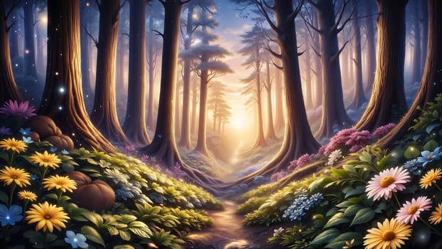 A serene and peaceful forest scene with a path running through it. The path is lined with colorful flowers, including daisies and other wildflowers, creating a beautiful and inviting atmosphere