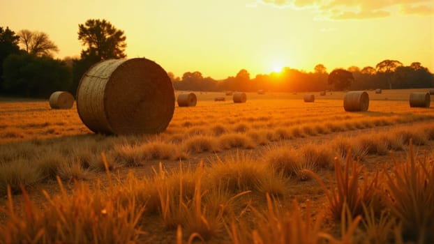A field of hay with a sun setting in the background. The hay is in a circle and is surrounded by grass
