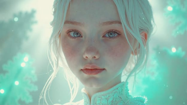 A woman with blue eyes and white hair is standing in front of a tree. The image has a dreamy, ethereal quality to it, as if the woman is a character from a fairy tale or a fantasy world