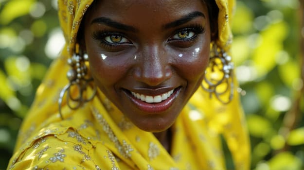 A woman with green eyes and a yellow scarf is smiling. She has a lot of makeup on her face, including green eyeshadow