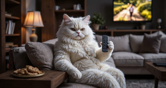 A cat is sitting on a couch and holding a remote control. The cat appears to be watching television
